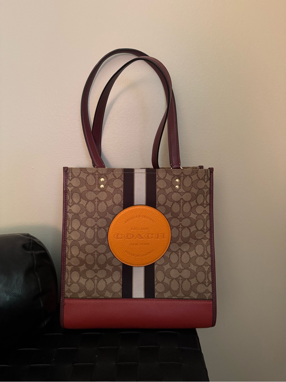 Coach Beige Signature Tote with Orange Patch and Burgundy Trim